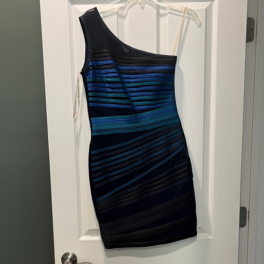 Halston Heritage One-Shoulder Dress in Blue and Black